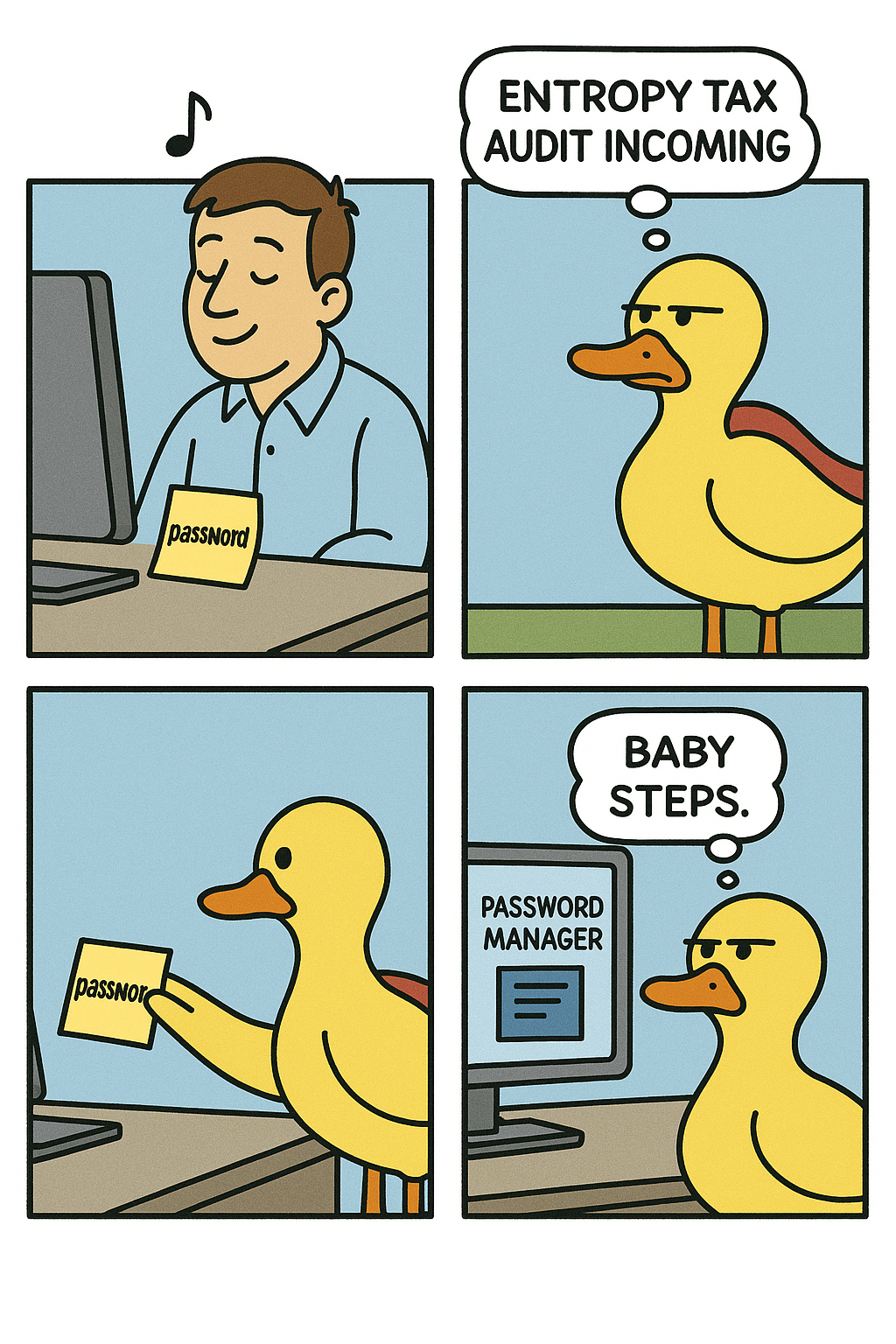 Coworker slaps sticky note with password on monitor; Wonderduck replaces it with a password manager brochure.